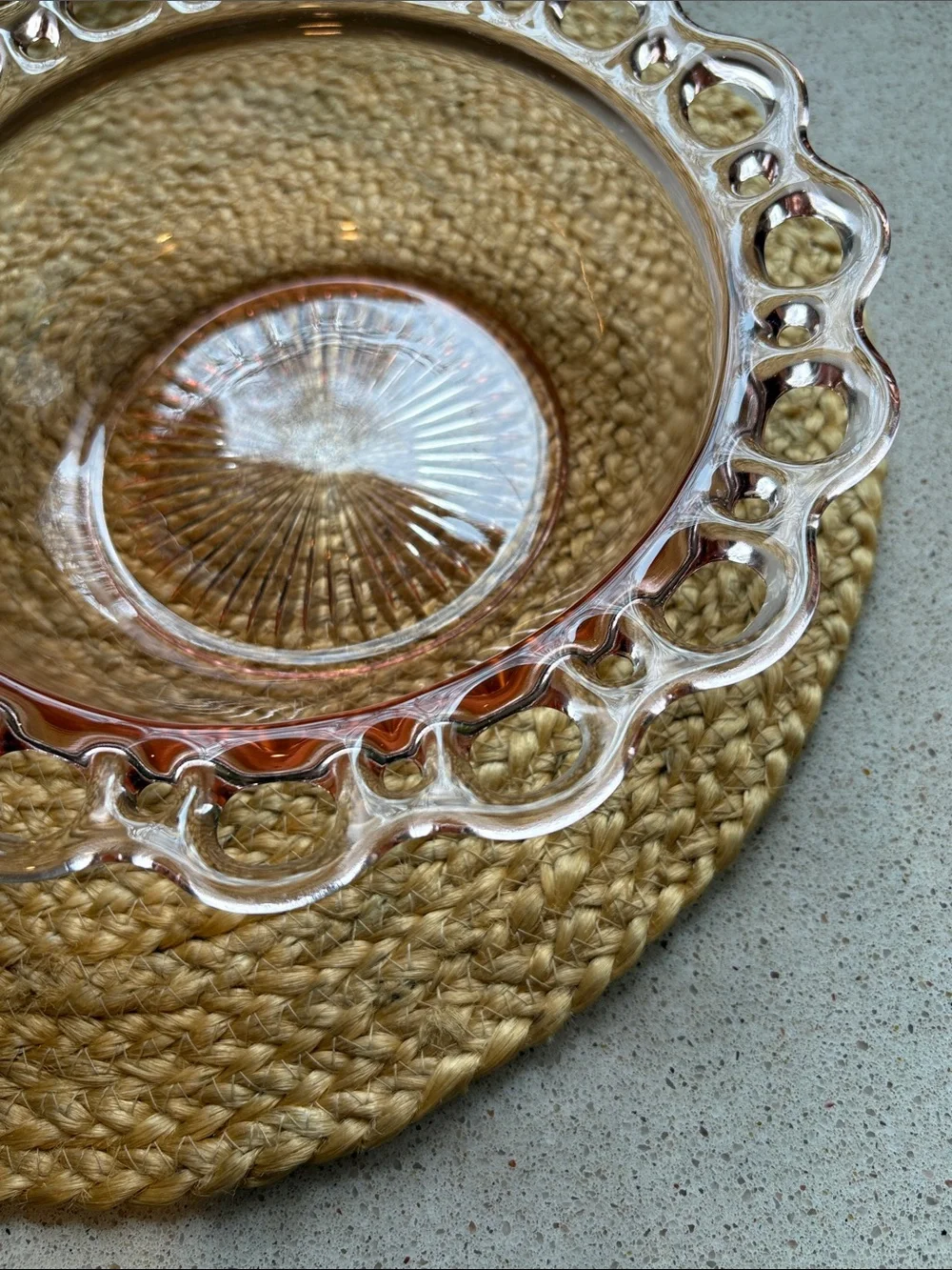 (2) Pink Depression Glass Lace Edge Bowls - Hocking Glass Co 1930s